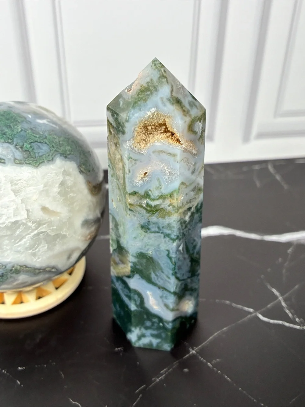 Emerald Dreamscape — Moss Agate Druzy Sphere & Tower Crystal Set